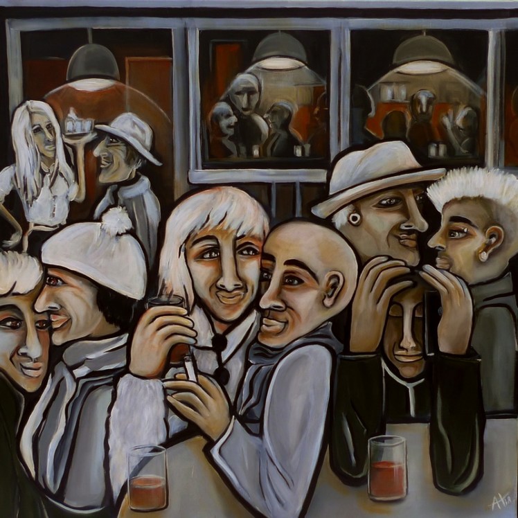 altstadtkneipe - 100x100,acryl auf lw - anja hühn 18kk