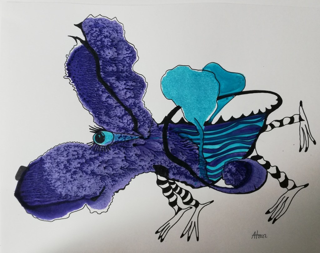 EINFACH MAL DAVONFLIEGEN - Tinte, Acryl auf Papier, ca A4 - © Anja Hühn 2022