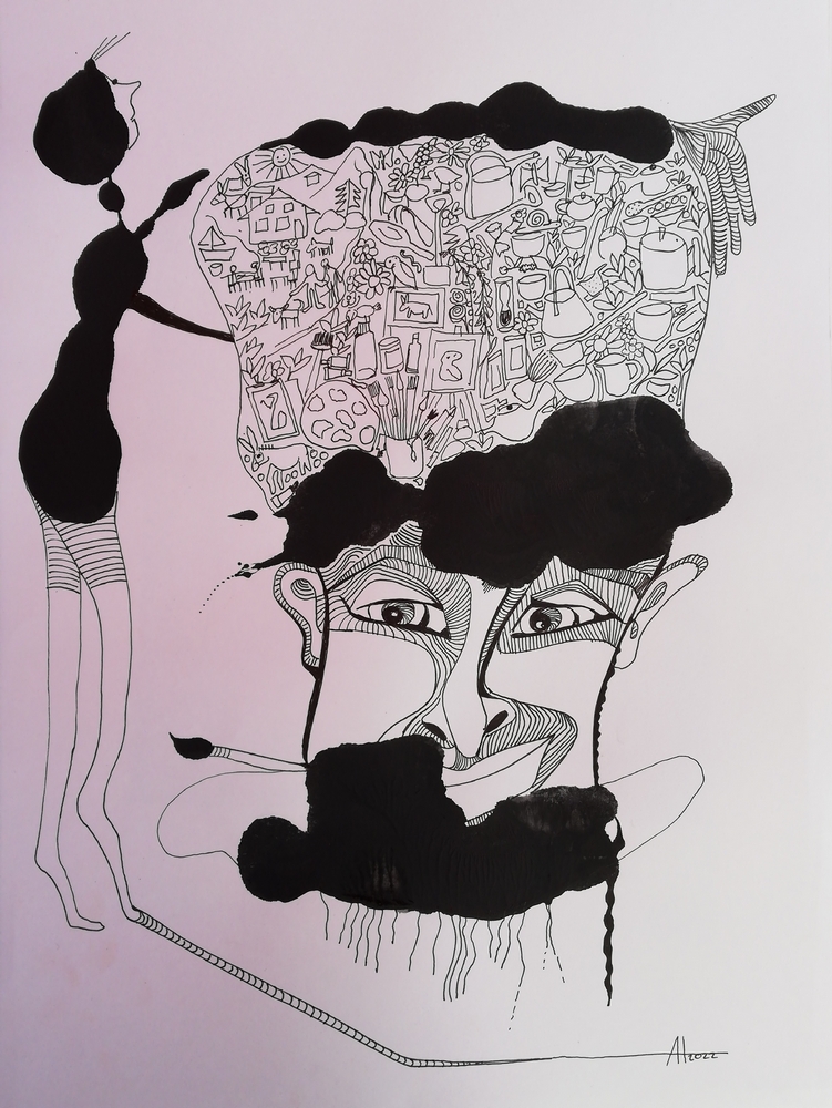 DER GEDANKENSAMMLER - Tinte auf Papier , A3 - © Anja Hühn 2022