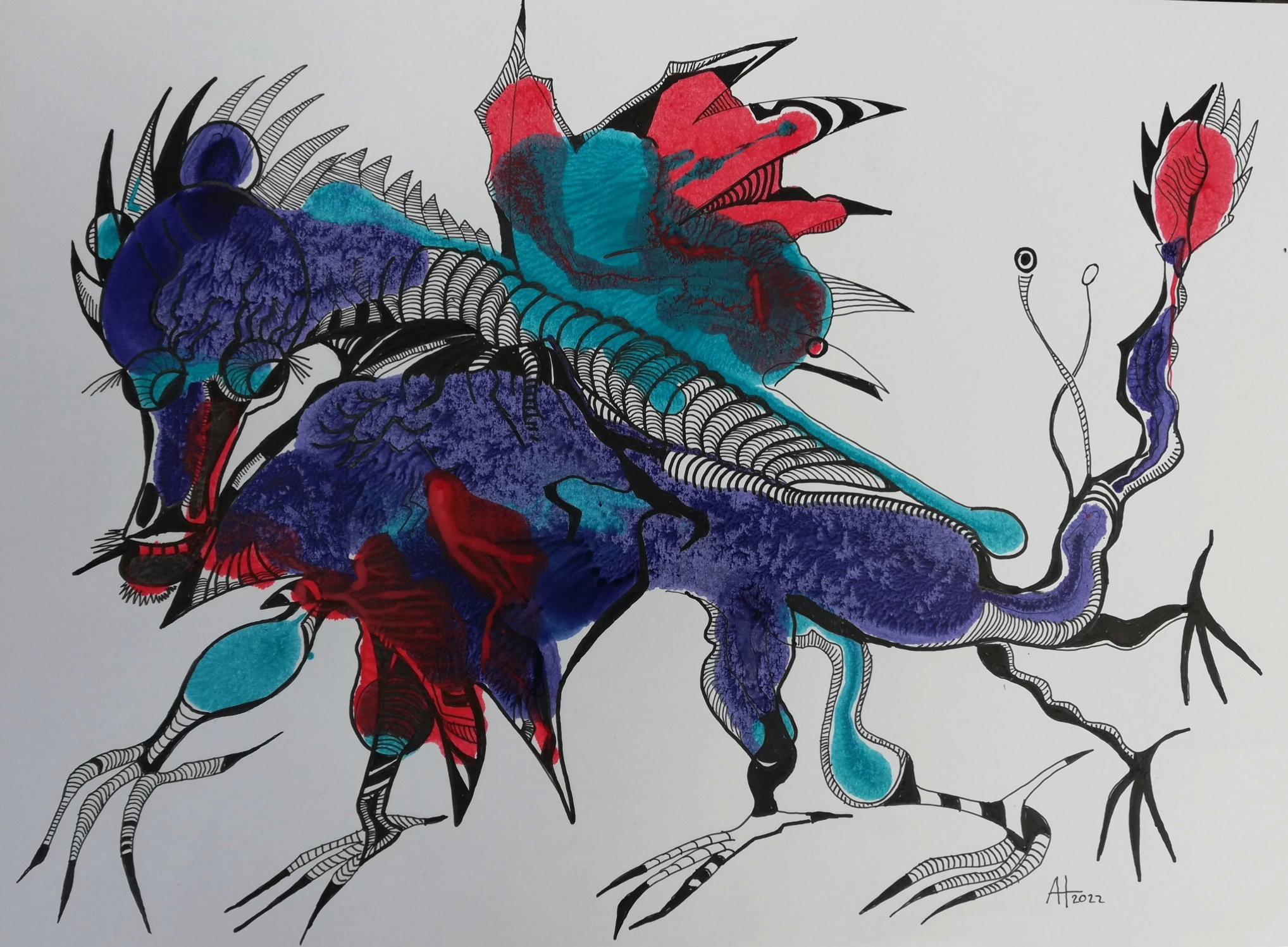 DRACHE - Tinte, Acryl, Papier , ca A3 - © Anja Hühn 2022