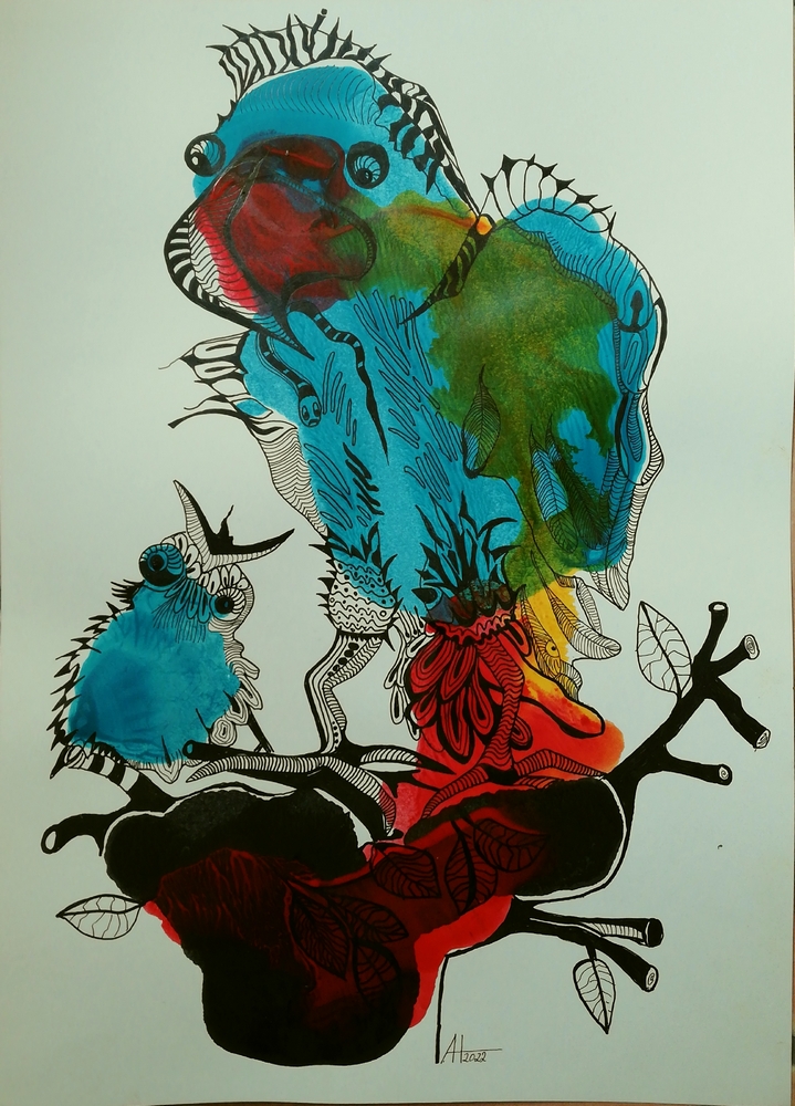 THE HUNGRY BIRD - Tinte, Acryl auf Papier, ca A3 - © Anja Hühn 2022