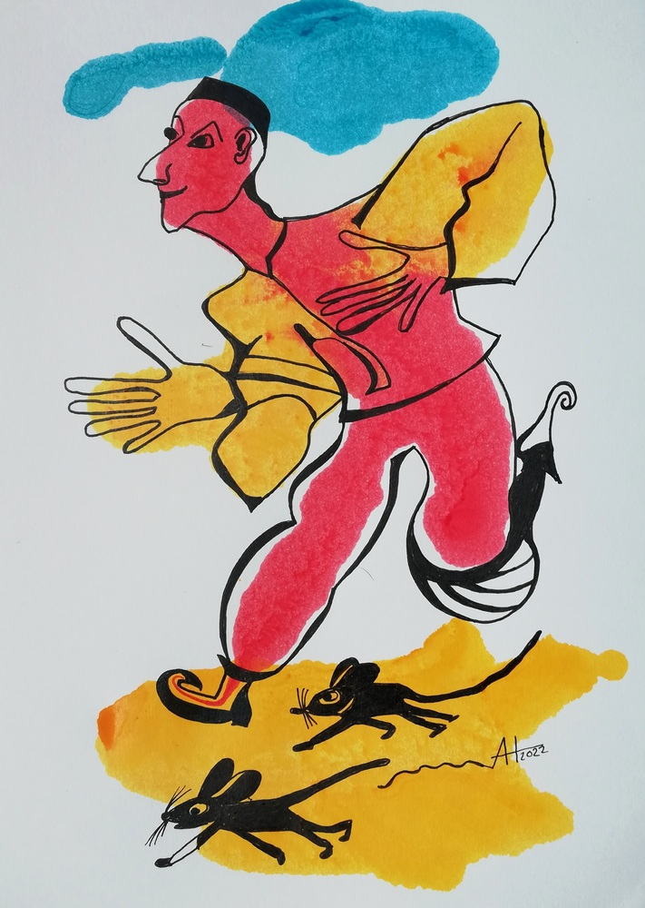 NIX WIE HINTERHER - Tinte, Acryl auf Papier, ca A4 - © Anja Hühn 2022