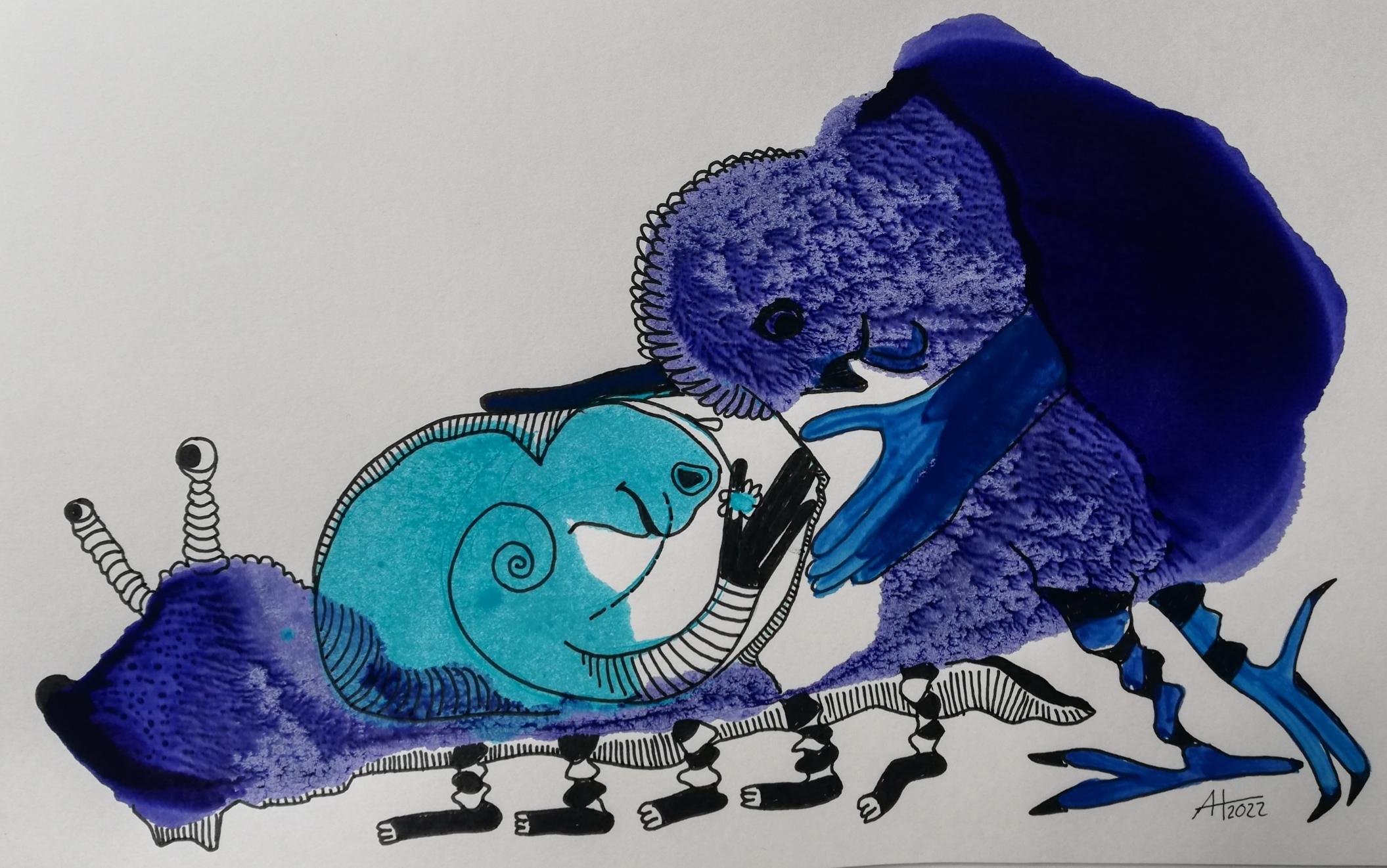 STARTHILFE - Tinte, Acryl auf Papier, ca A4 - © Anja Hühn 2022