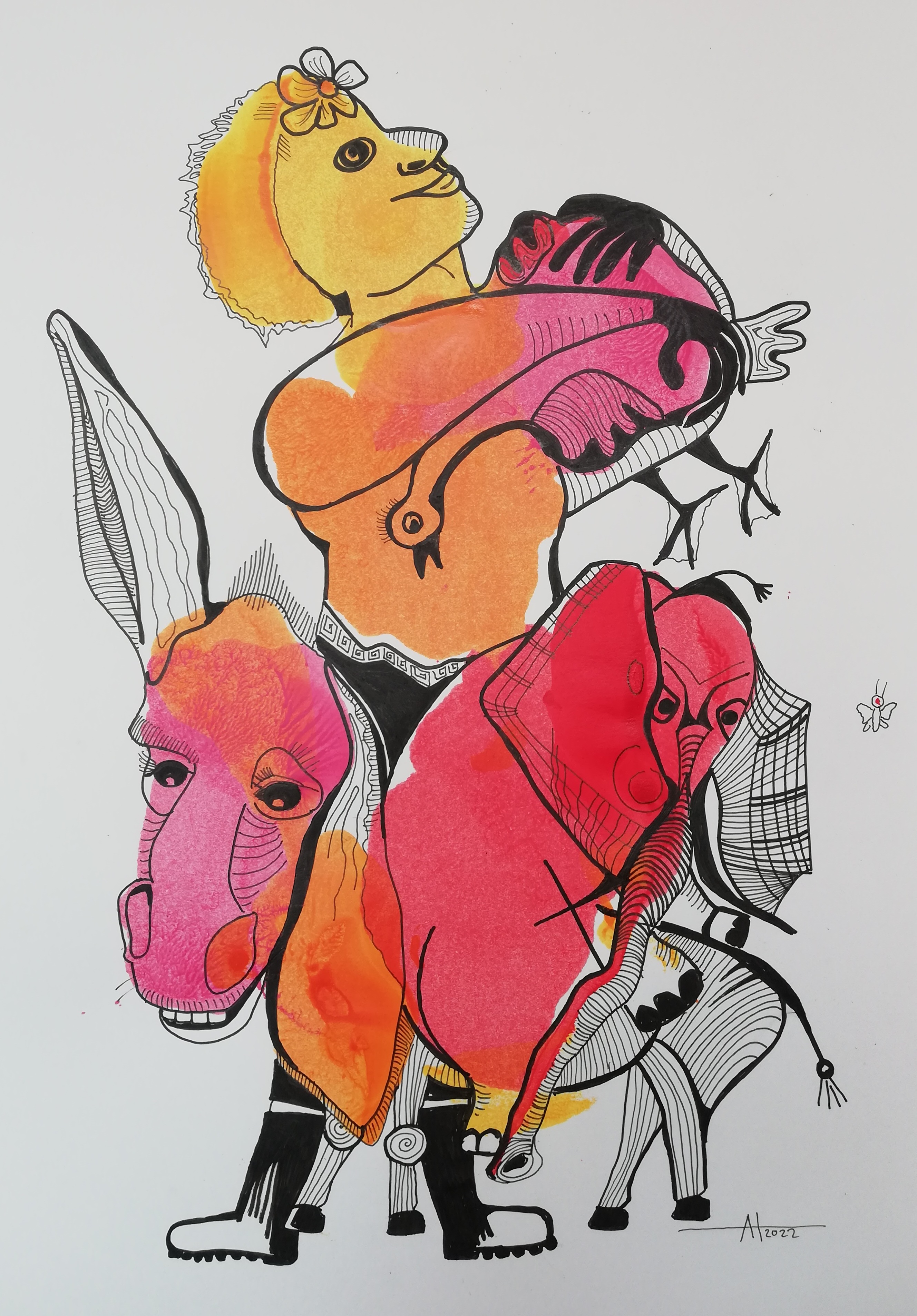 ALTE BEKANNTE - Tinte/Papier , A3 - © Anja Hühn 2022