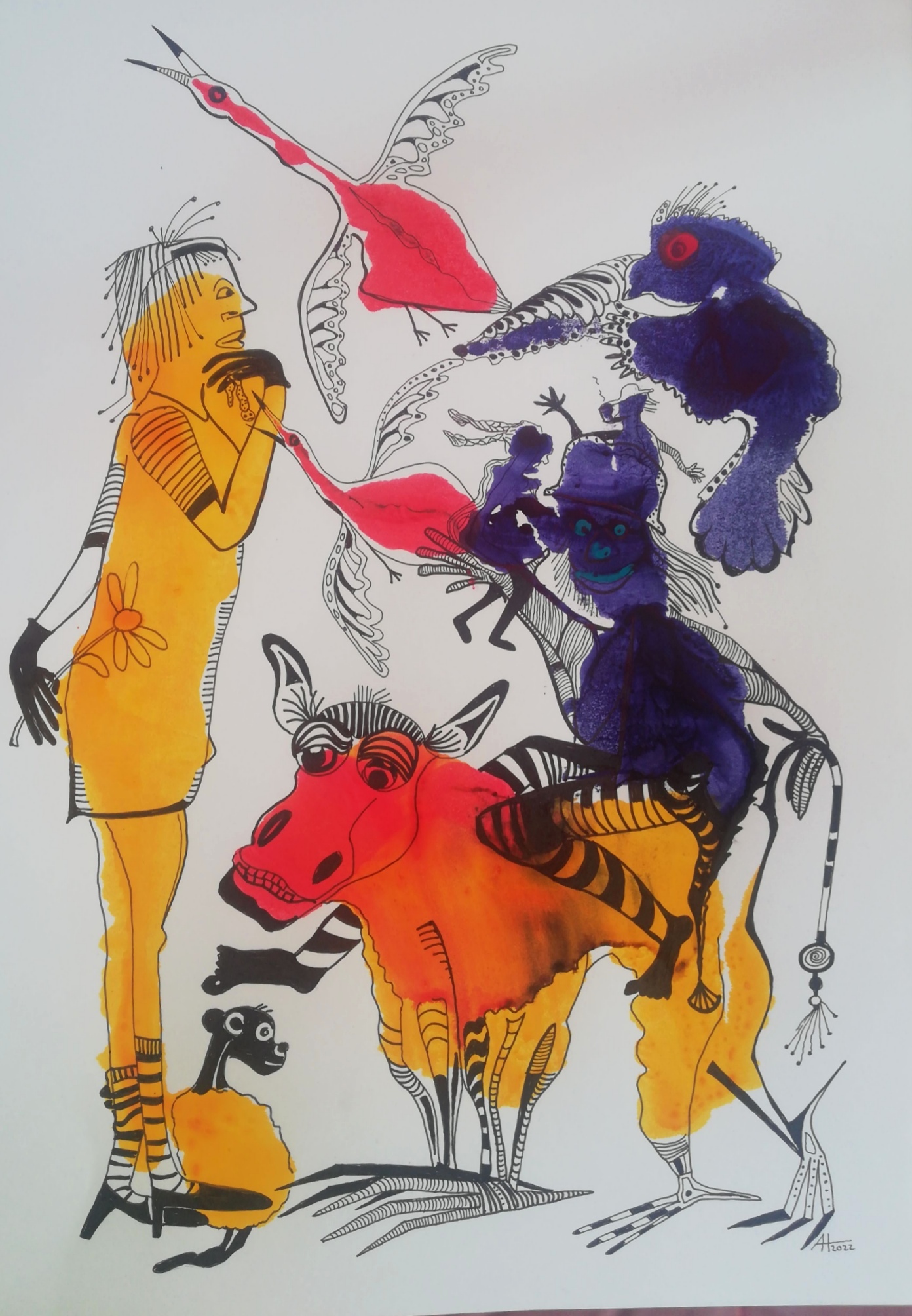 BEGEGNUNG DER BESONDEREN ART (unverkäuflich) - Tinte /Papier, A3 - © Anja Hühn 2022