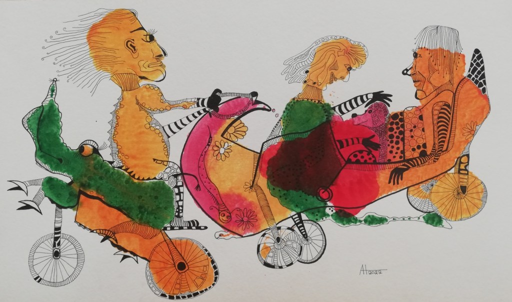 REISE NACH FANTAASIEN - Tinte auf Bütten - 48 cm x 27 cm -© Anja Hühn 2022