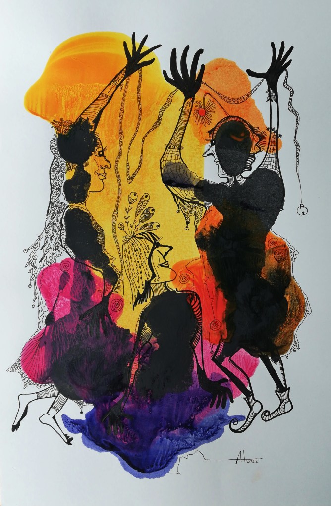 SONNENTÄNZER IN FANTAASIEN - Tinte/Papier , A3 - © Anja Hühn 2022