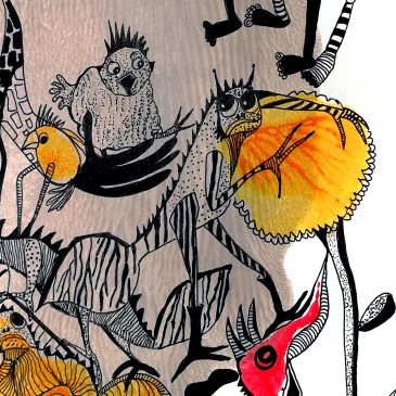 Ausschnitt aus "Begegnung auf der Blumenwiese" - Tinte / Papier, A3 - © Anja Hühn 2022