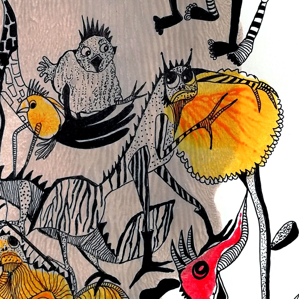 Ausschnitt aus "Begegnung auf der Blumenwiese" - Tinte / Papier, A3 - © Anja Hühn 2022