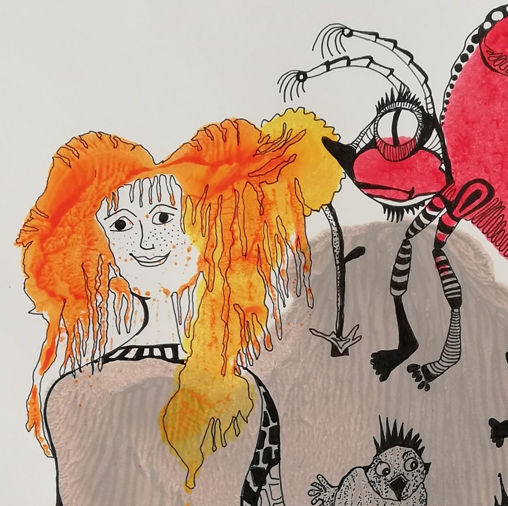 Ausschnitt aus "Begegnung auf der Blumenwiese" - Tinte / Papier, A3 - © Anja Hühn 2022