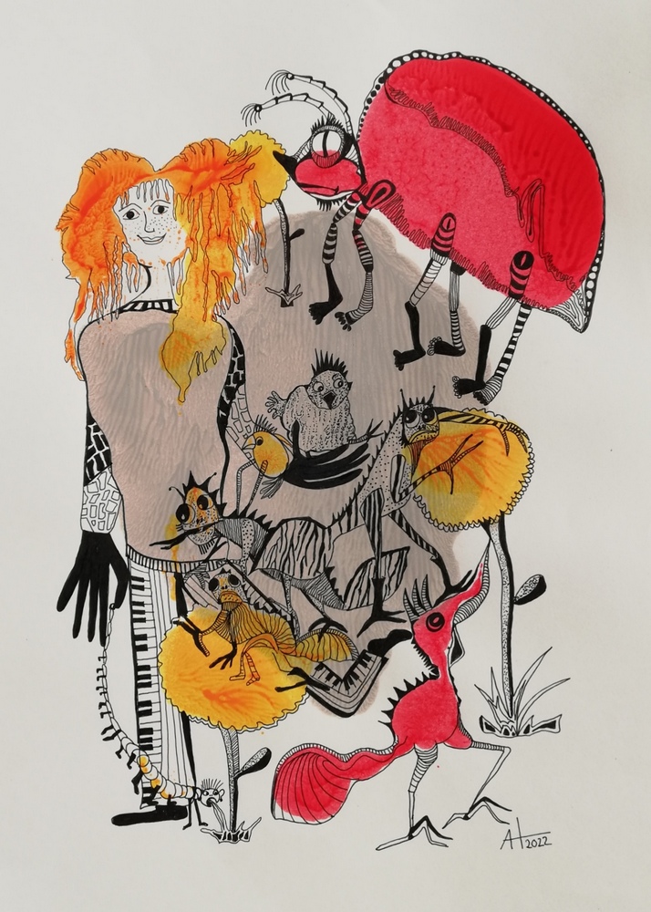 "Begegnung auf der Blumenwiese" - Tinte / Papier, A3 - © Anja Hühn 2022