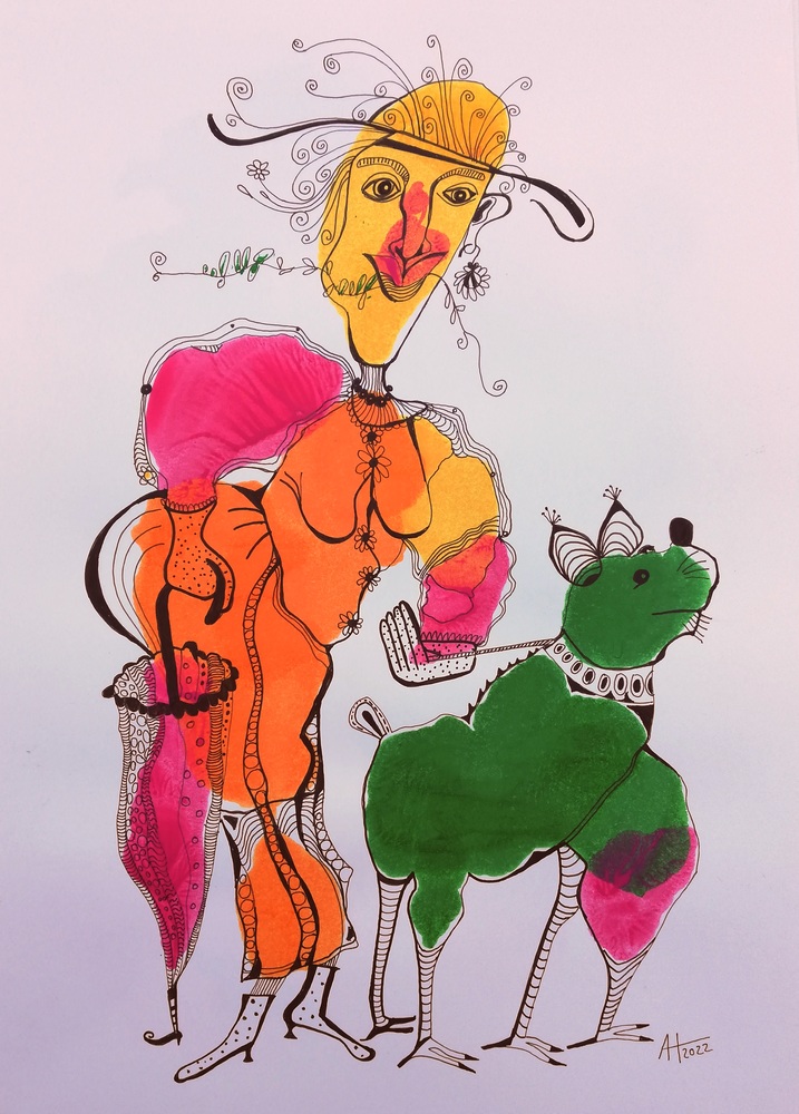 BODO PLÜSCHOHR und LADY SHETTERFLY - A3 - Tinte/Papier - ©Anja Hühn 2022