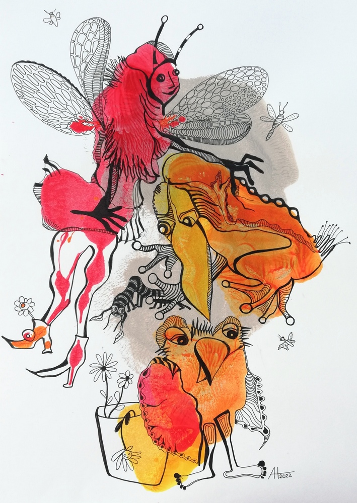 Die fantastischen Drei - Tinte/Papier , A3 - © Anja Hühn 2022