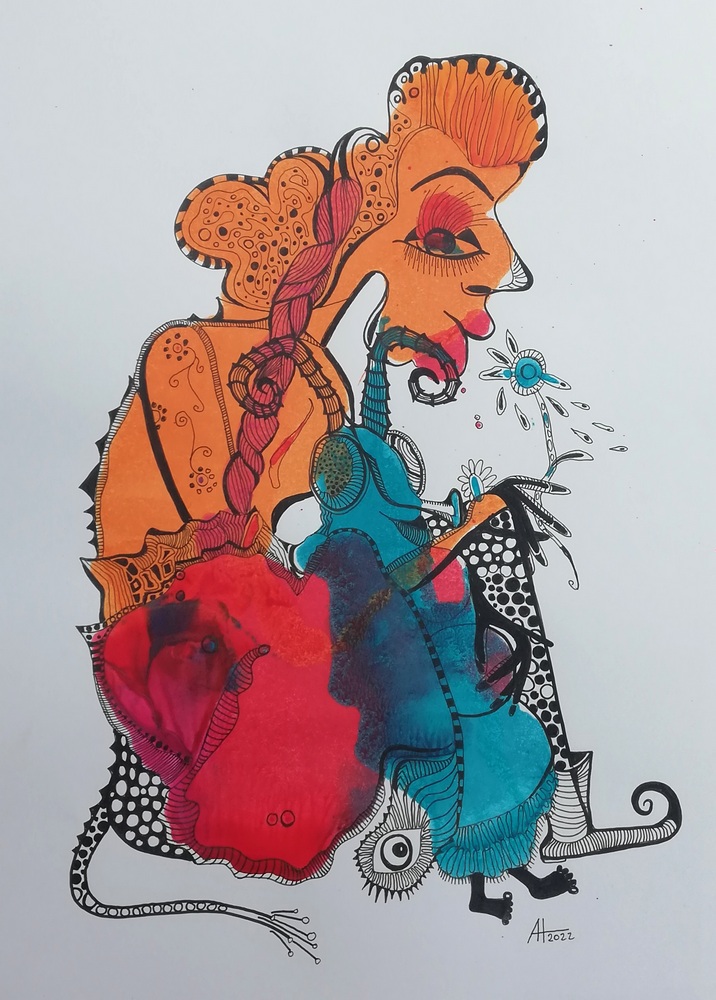 Matilda und der blaue Schmetterling - Tinte/Papier, A3 - © Anja Hühn 2022