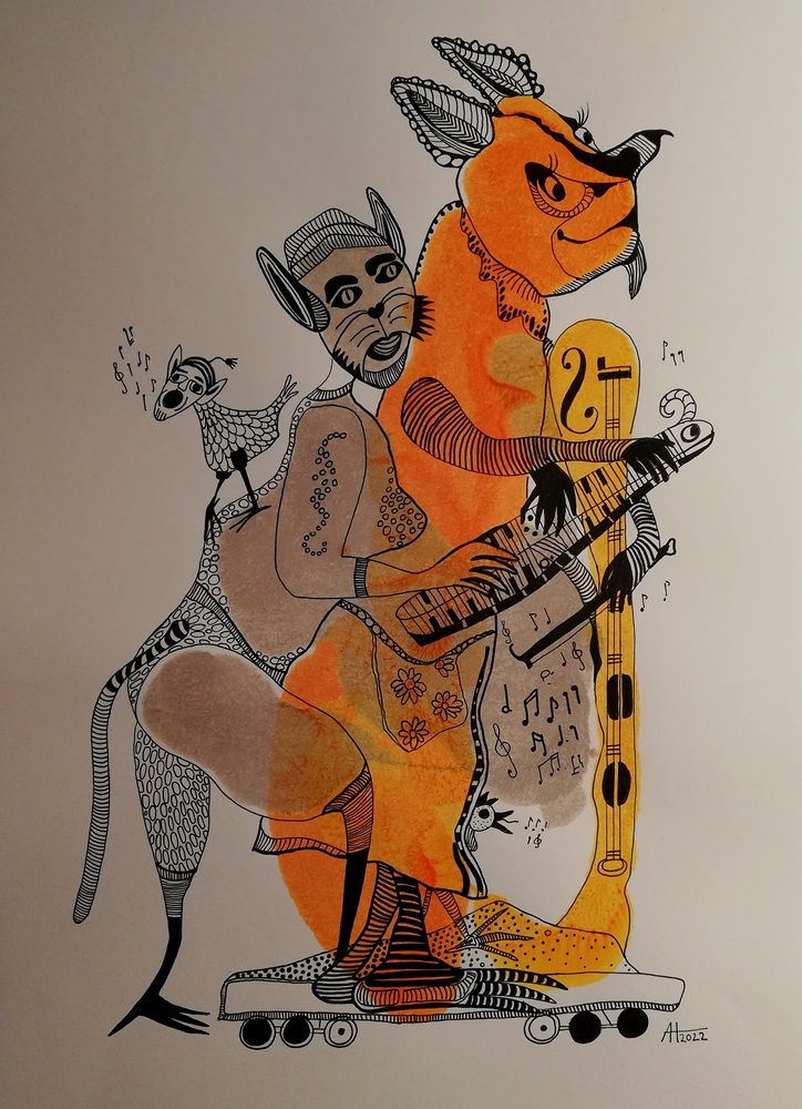 Immer auf der Rolle - Tinte auf Papier, ca. A3 - © Anja Hühn 2022