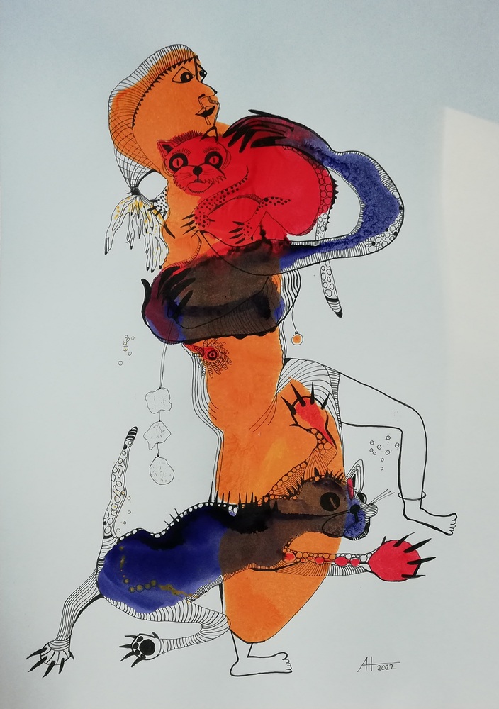Katzenliebe - Tinte/Papier, ca. Din A3 - © Anja Hühn 2022