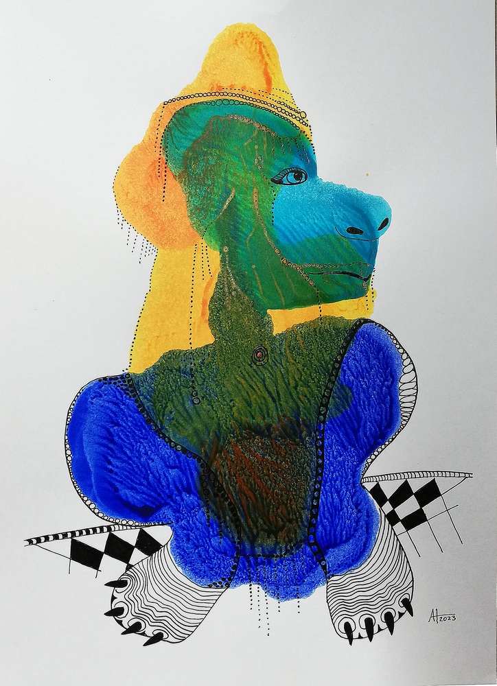 AMALIA, Königin der blauen Hunde - A4, Tinte auf Papier - © Anja Hühn 2023
