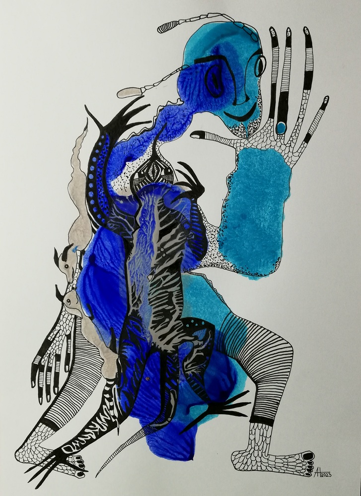 DIE UNZERTRENNLICHEN VIER - A4, Tinte auf Papier - © Anja Hühn 2023