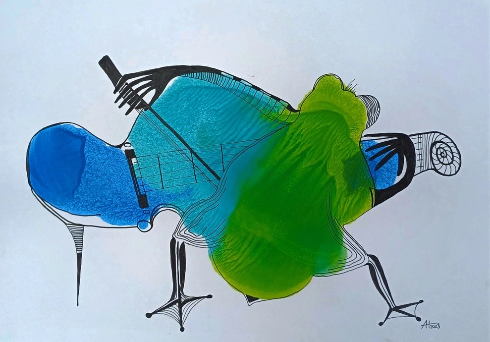 FROSCHVIRTUOS - A4, Tinte auf Papier - © Anja Hühn 2023