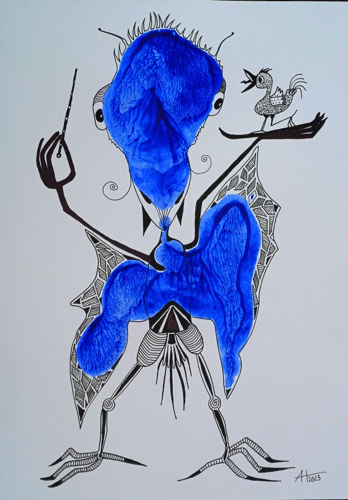 UND TÄGLICH SINGT DIE AMSEL HIER - A4, Tinte auf Papier -© Anja Hühn 2023